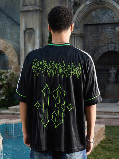 Supermade Color-Blocked V-Neck Embroidered Jersey Short-Sleeved?