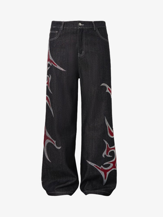 Denim Wide Leg Pants with Red Embroidery Design for Women Fashion Streetwear 