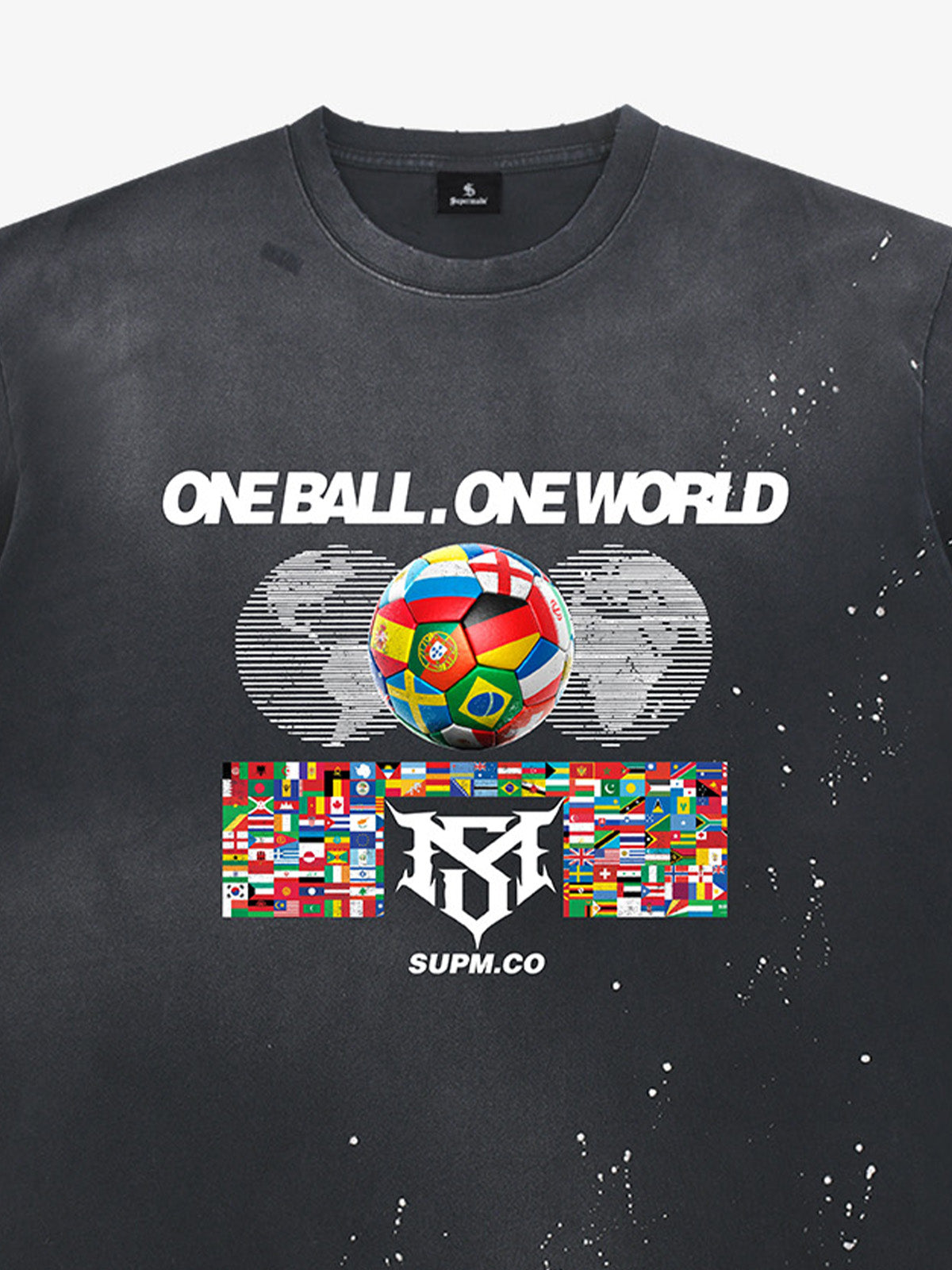Unisex distressed loose-fitting cotton short-sleeved T-shirts featuring a "One ball, one world" slogan print and an ink-splatter wash finish. 