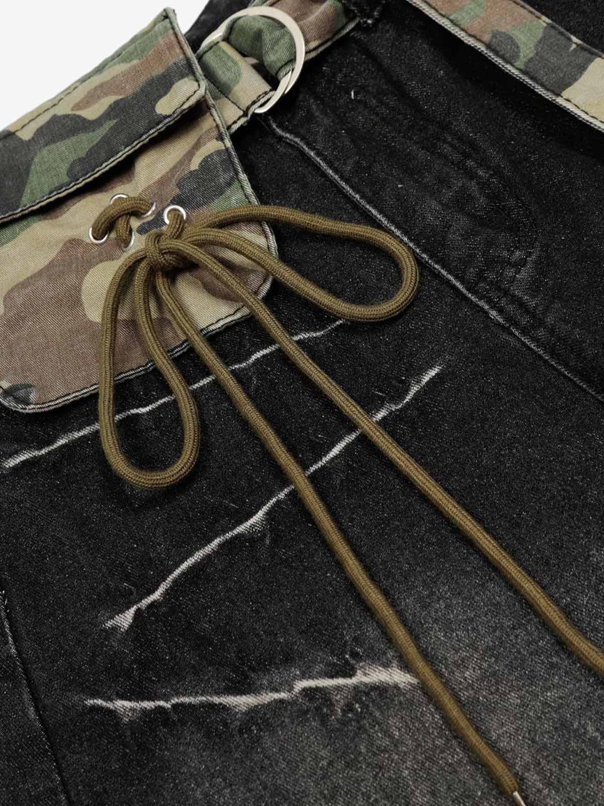 Distressed Camo-Trimmed Denim Trousers with Adjustable Waist 