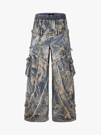 Double Waistband Acid Wash Patchwork Cargo Jeans