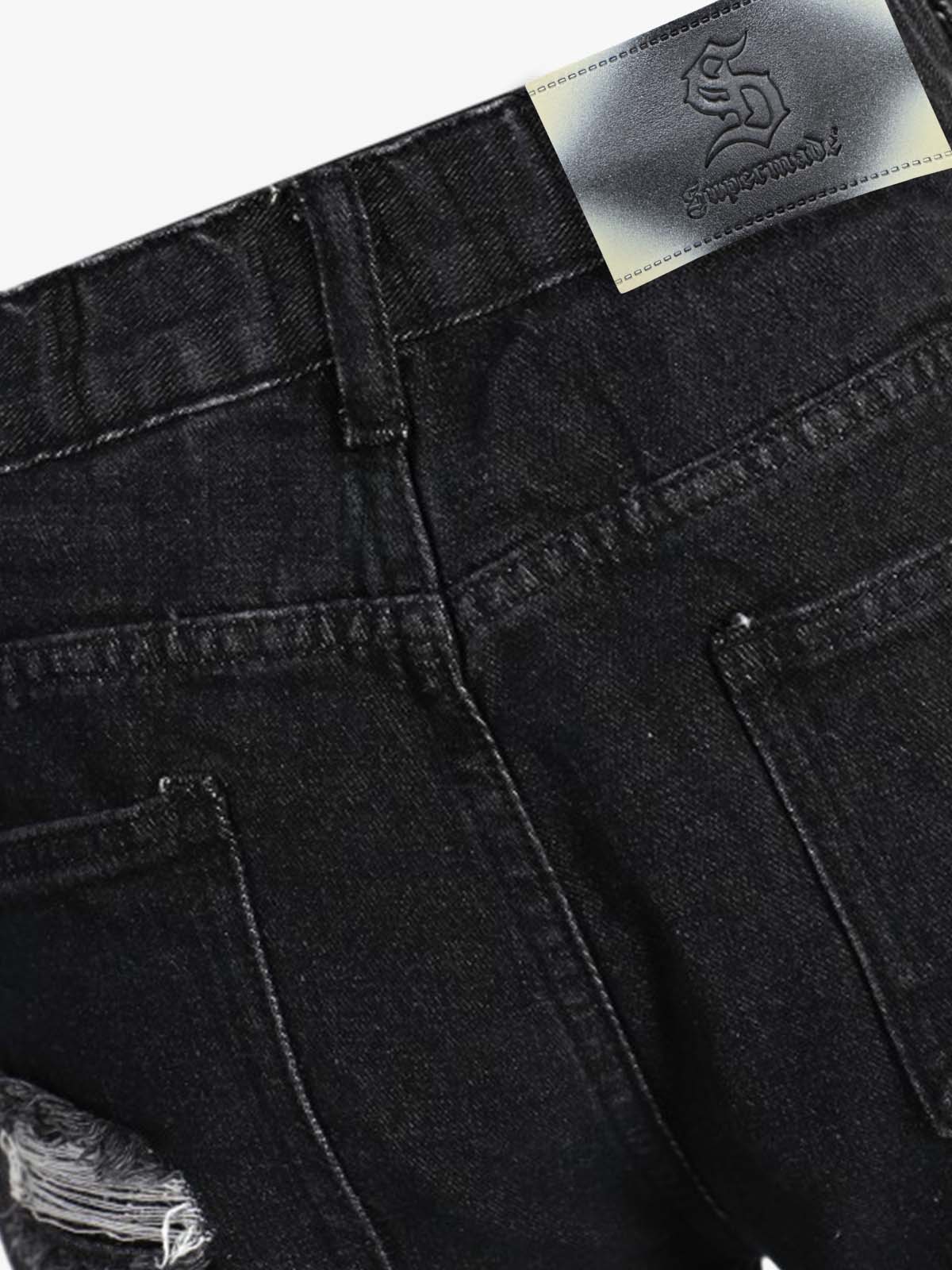 Denim Ripped Layered Flare Pants with Distressed Details 