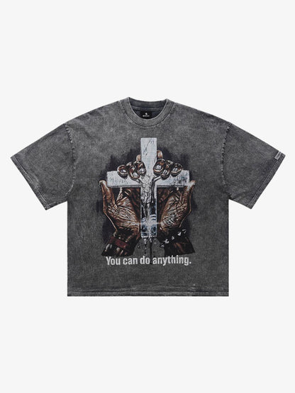 300G Jade Pattern Dyeing Cotton Oversized T-Shirt with Cross Hand Graphic Print?