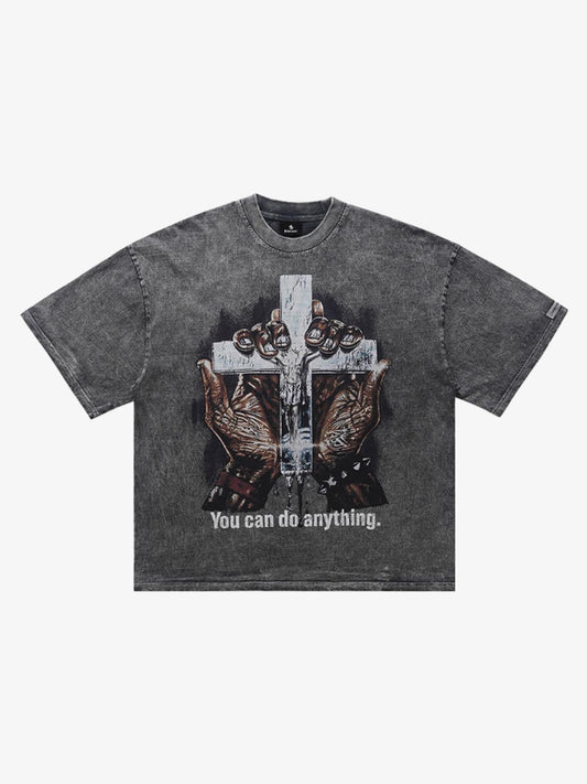 300G Jade Pattern Dyeing Cotton Oversized T-Shirt with Cross Hand Graphic Print?