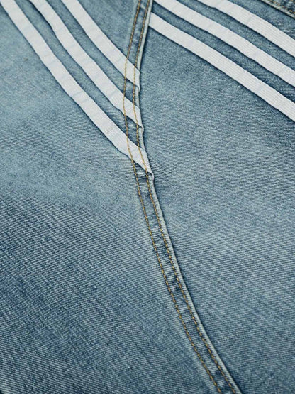 Denim Wide-Leg Biker Shorts with Striped Panel Design?