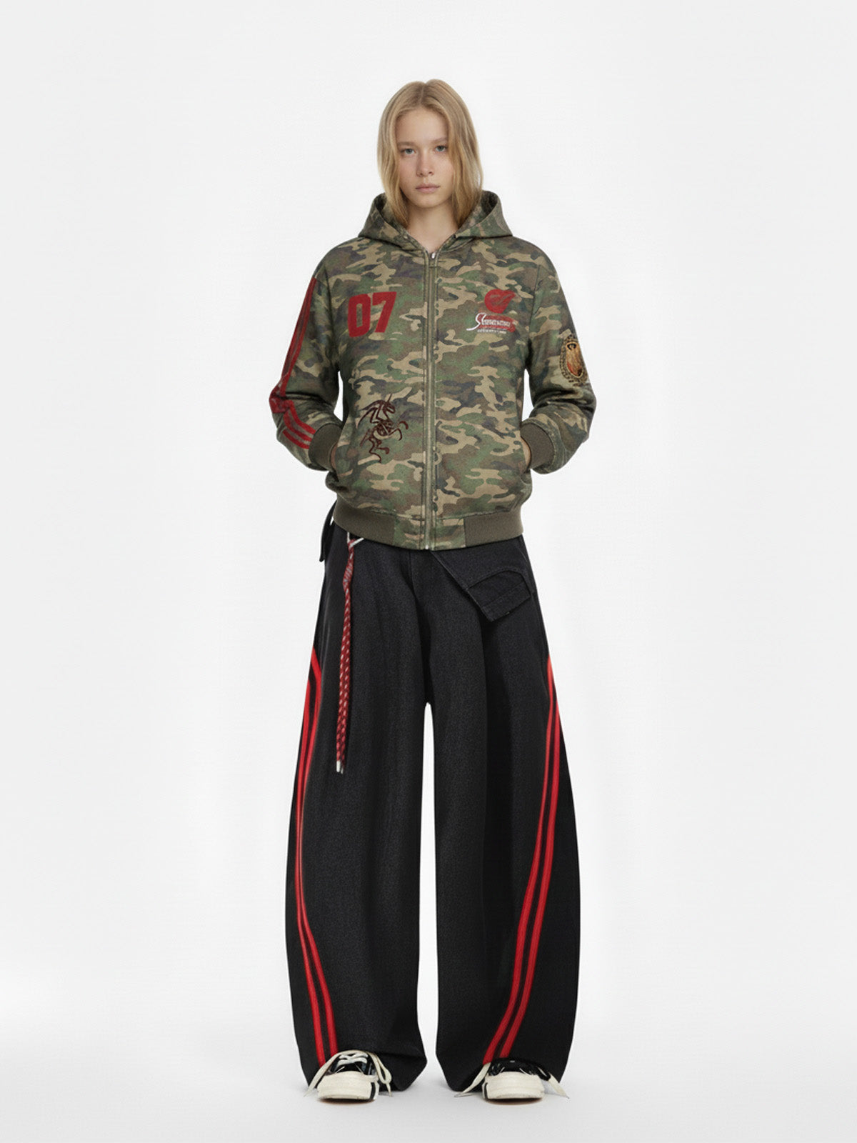 Vintage Heavy Embroidery Camo Zip-Up Hoodie