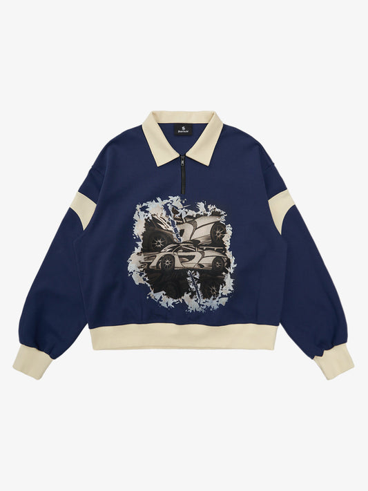 Original Racing Style Print Lapel Sweatshirt 