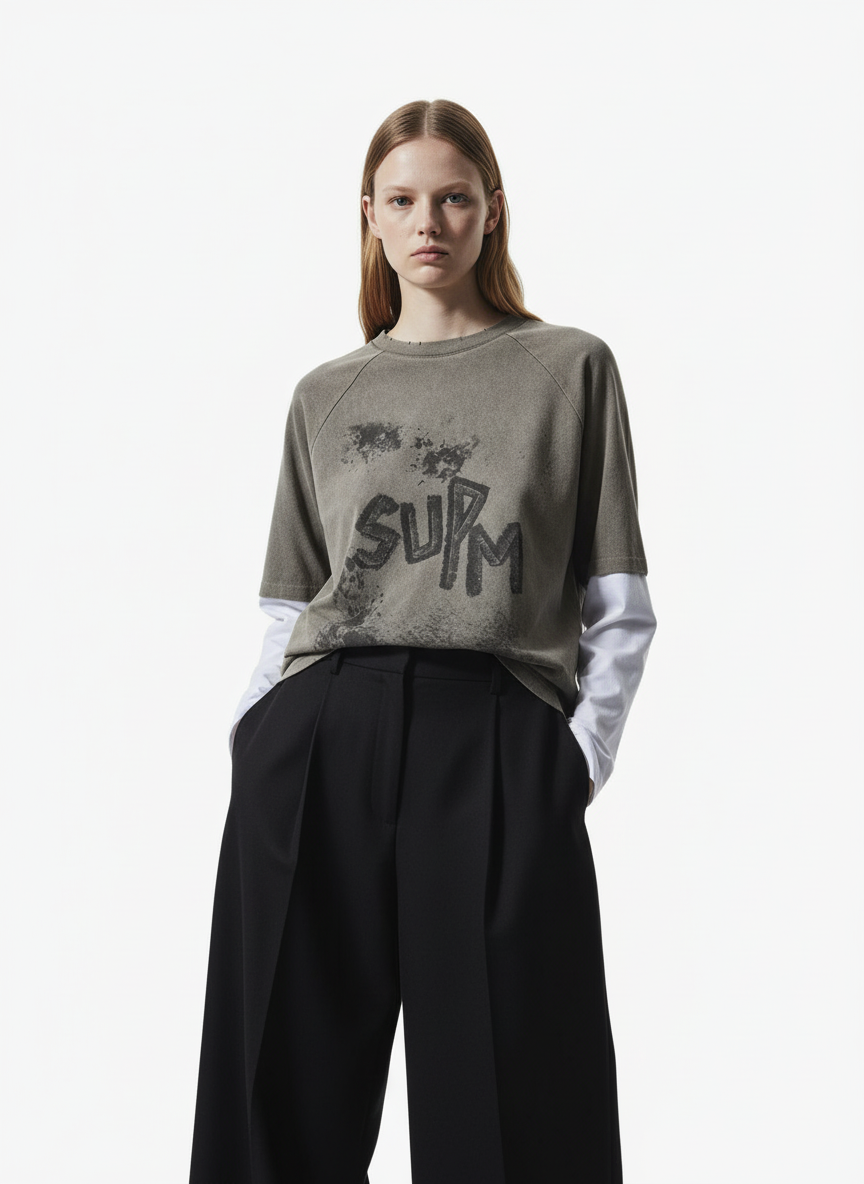 Original Retro Contrast Color Faux Two-Piece Long-Sleeved T-Shirt