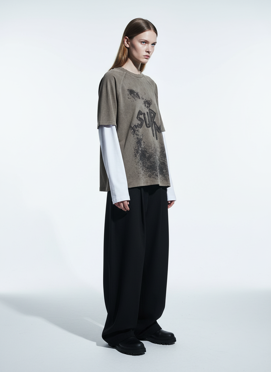 Original Retro Contrast Color Faux Two-Piece Long-Sleeved T-Shirt