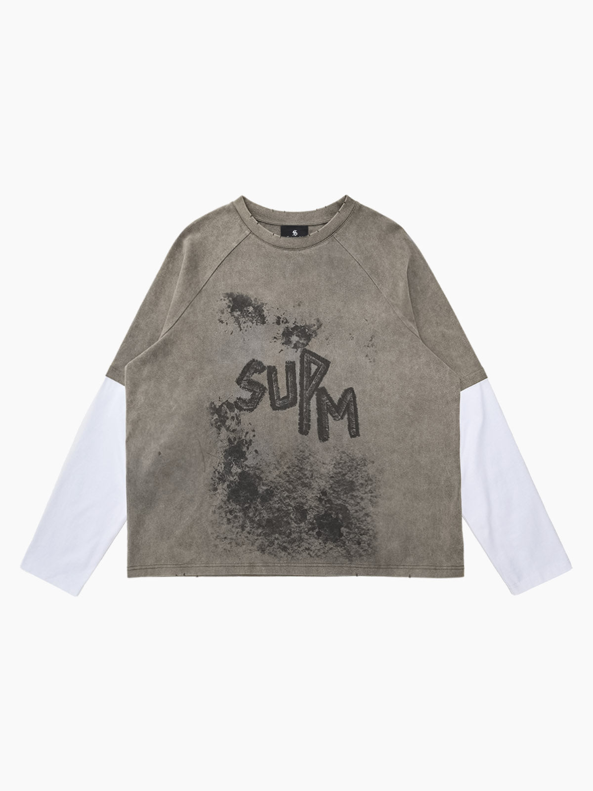 Washed Contrast Color Print Long Sleeve Cotton T-shirt 