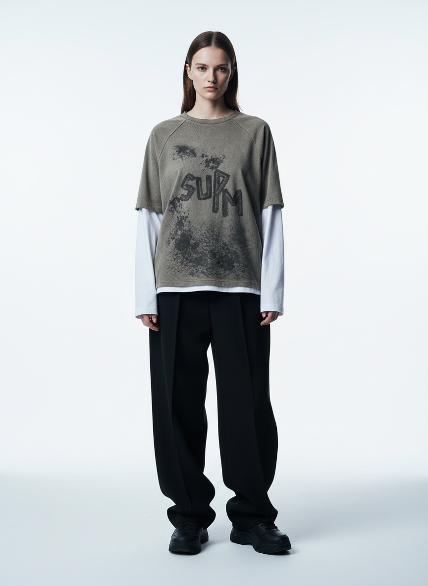 Original Retro Contrast Color Faux Two-Piece Long-Sleeved T-Shirt