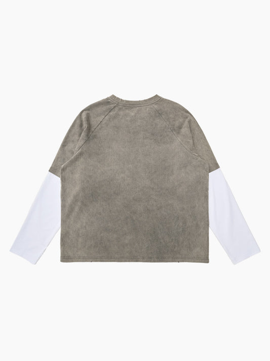 Original Retro Contrast Color Faux Two-Piece Long-Sleeved T-Shirt 