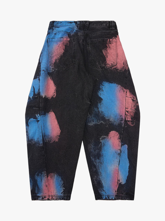Vintage Tie-Dye Contrast Color Ripped Barrel Jeans 