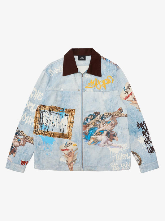 Artistic Patches Graphic  Distressed Denim Jacket 
