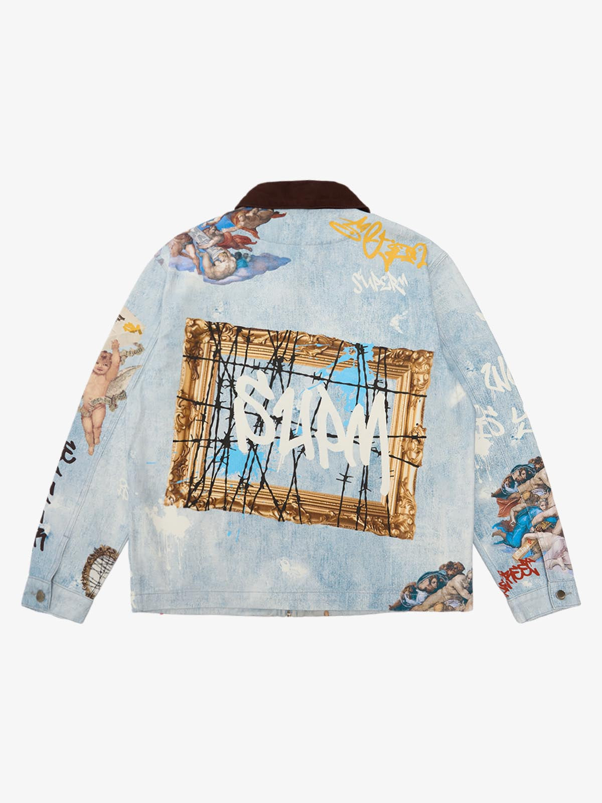Artistic Patches Graphic  Distressed Denim Jacket 