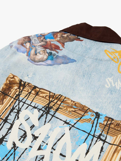 Artistic Patches Graphic  Distressed Denim Jacket 