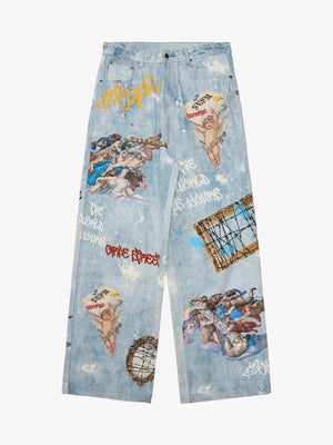 Artistic Graffiti Print Denim Jacket and Pants Set 