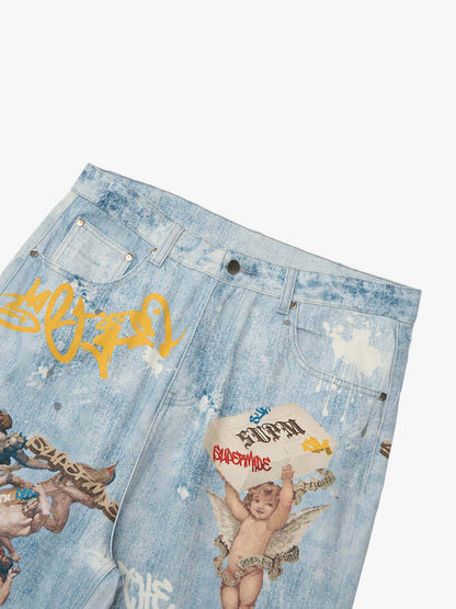 Retro Artistic Graffiti Angelic Prints Baggy Jeans 