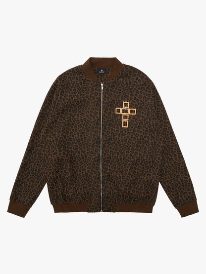 Cross Frame Leopard Print Baseball Jacket 
