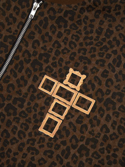 Cross Frame Leopard Print Baseball Jacket 