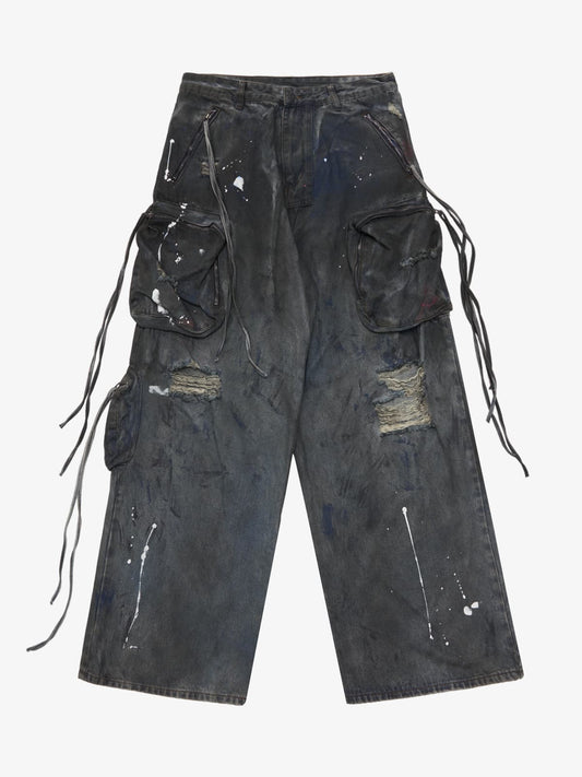 Heavy Dirty Dyed Multi-Pocket Drawstring Work Jeans 