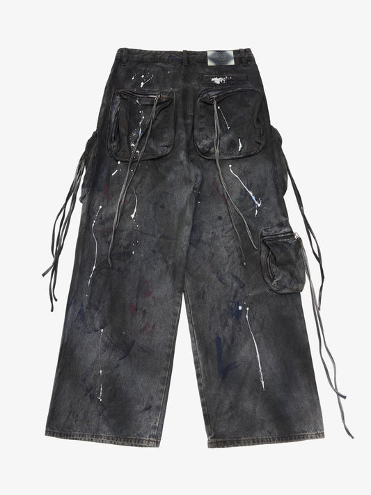 Heavy Dirty Dyed Multi-Pocket Drawstring Work Jeans 