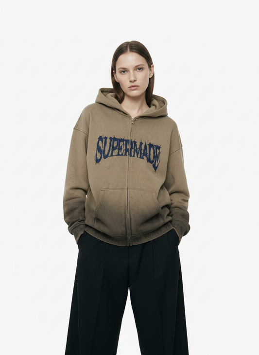 SUPERMADE Thorn Embroidery Zip Hooded Sweatshirt