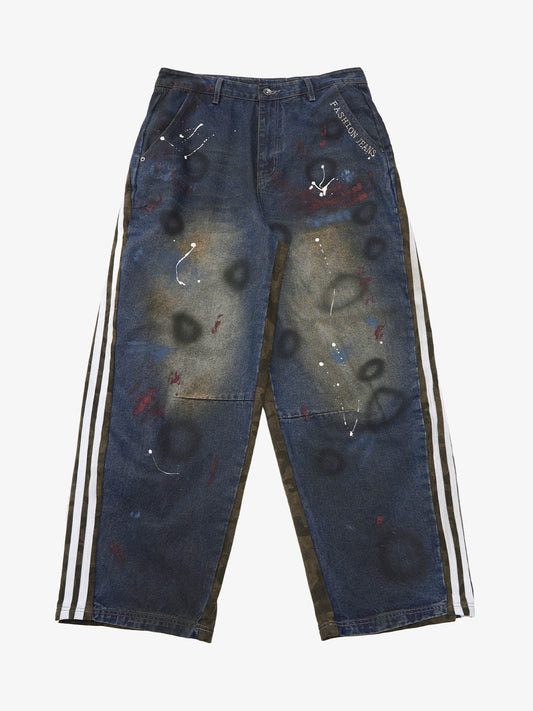 Washed Stripe Patchwork Totem Print Baggy Jeans 