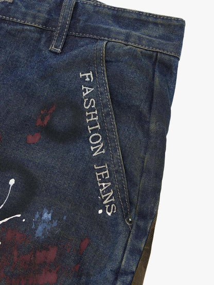 Washed Stripe Patchwork Totem Print Baggy Jeans 