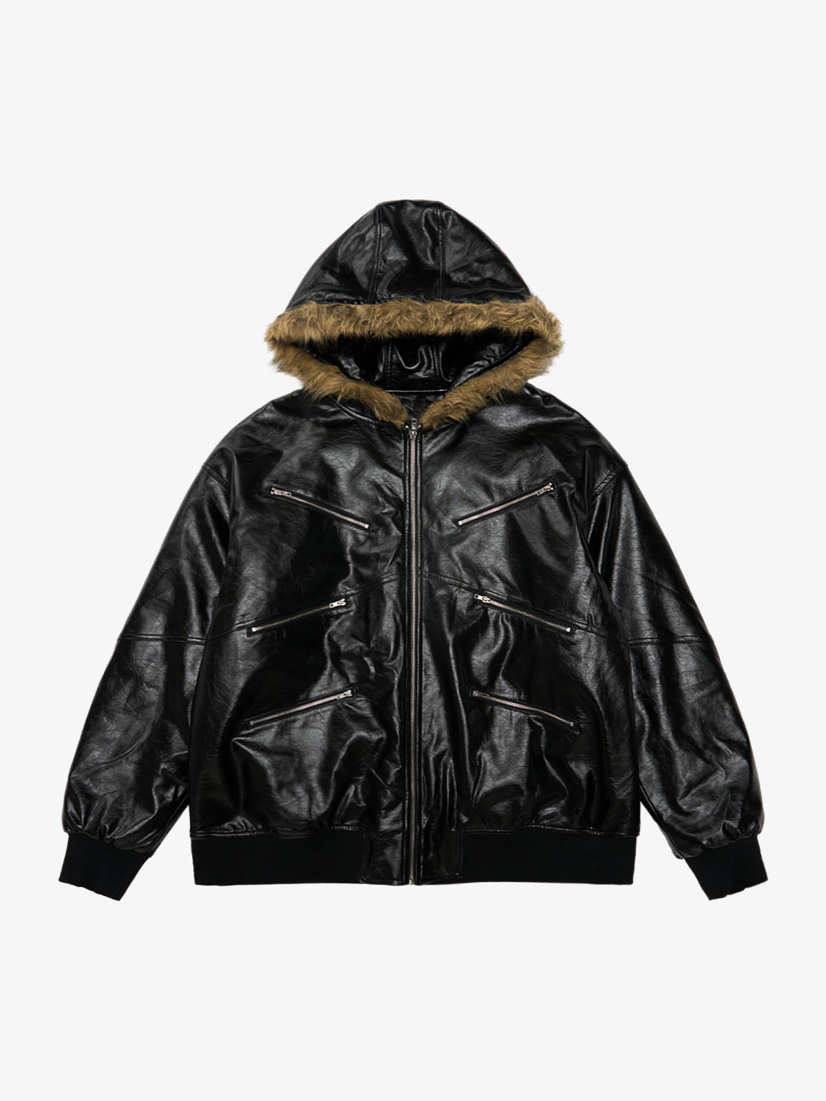 Multi-Zip Fur Hooded Leather Jacket 