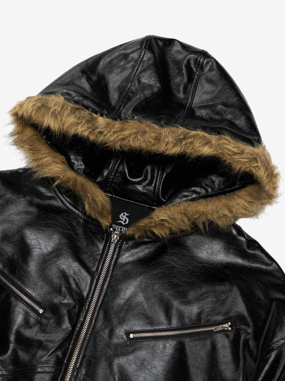 Multi-Zip Fur Hooded Leather Jacket 
