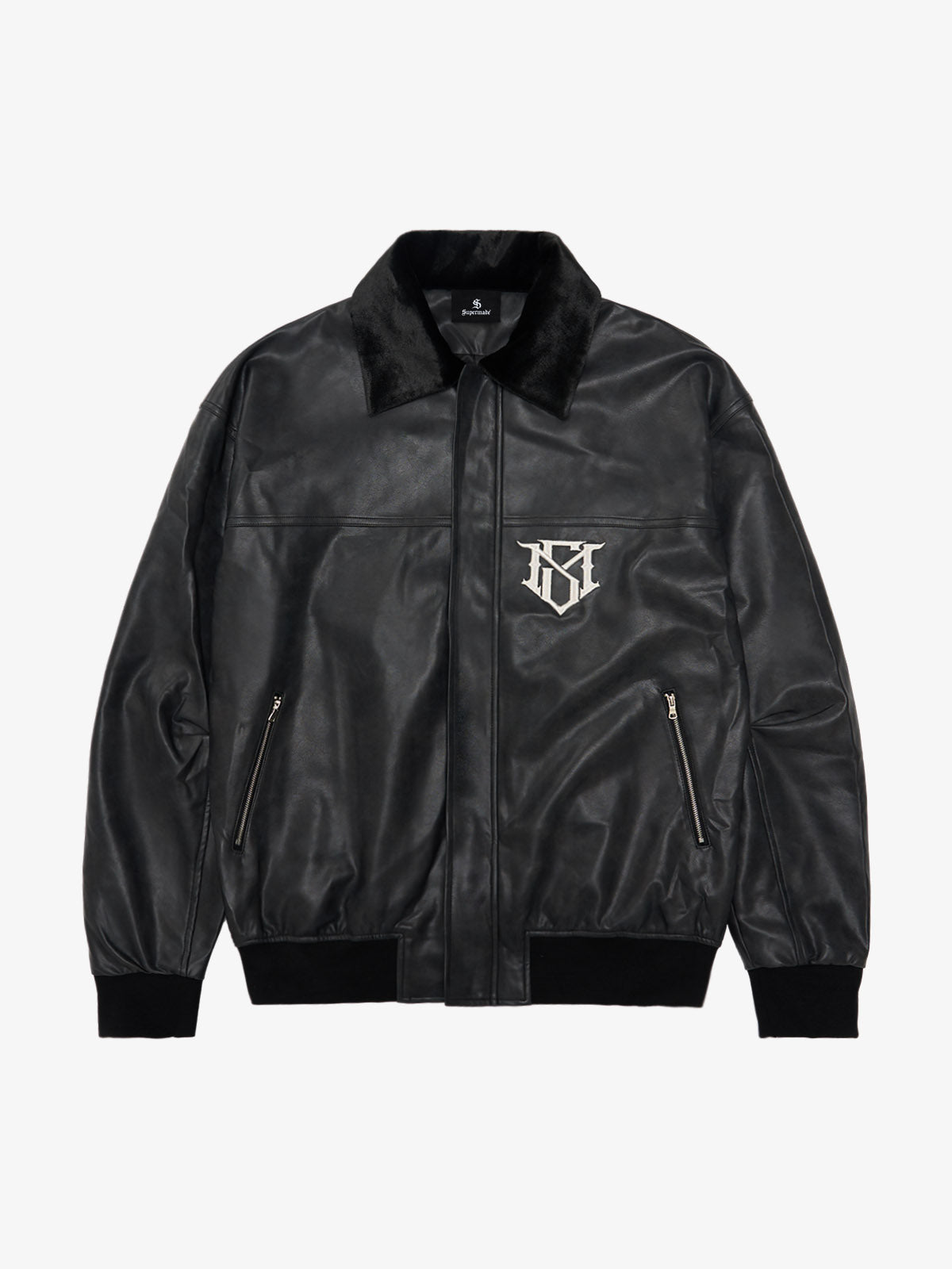 SUPM Fur Collar Rhinestone Pattern Leather Jacket 