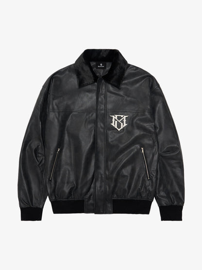 SUPM Fur Collar Rhinestone Pattern Leather Jacket 