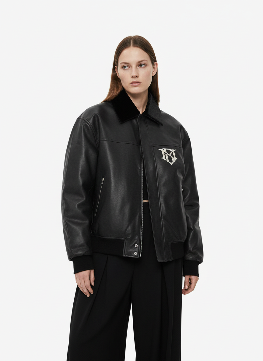 SUPM Fur Collar Rhinestone Pattern Leather Jacket