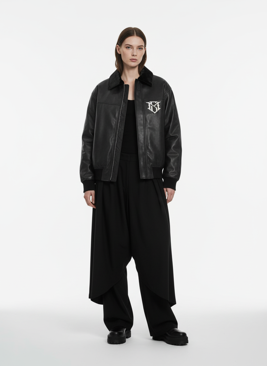 SUPM Fur Collar Rhinestone Pattern Leather Jacket