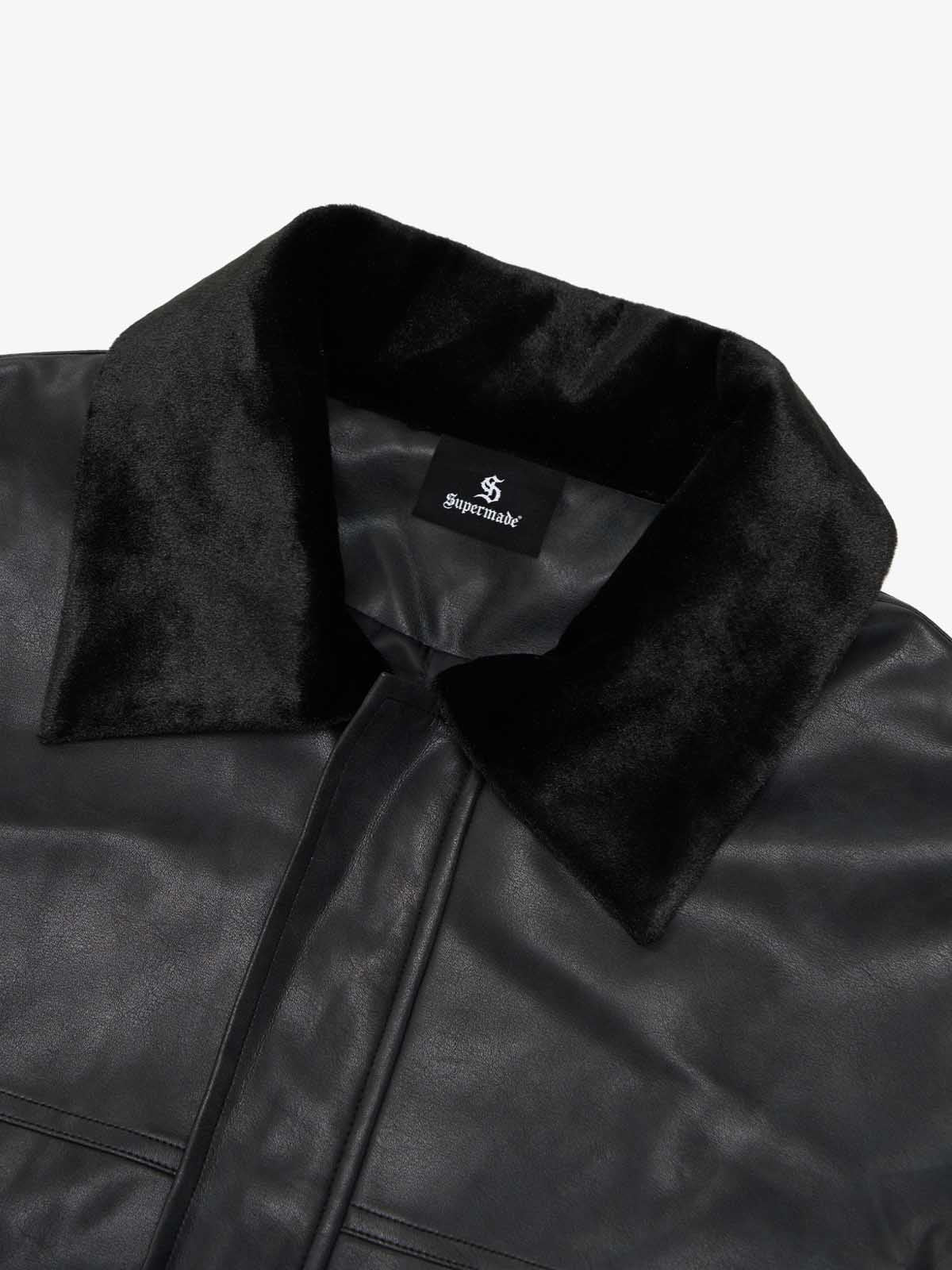 SUPM Fur Collar Rhinestone Pattern Leather Jacket 