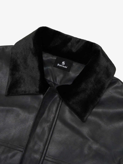 SUPM Fur Collar Rhinestone Pattern Leather Jacket 