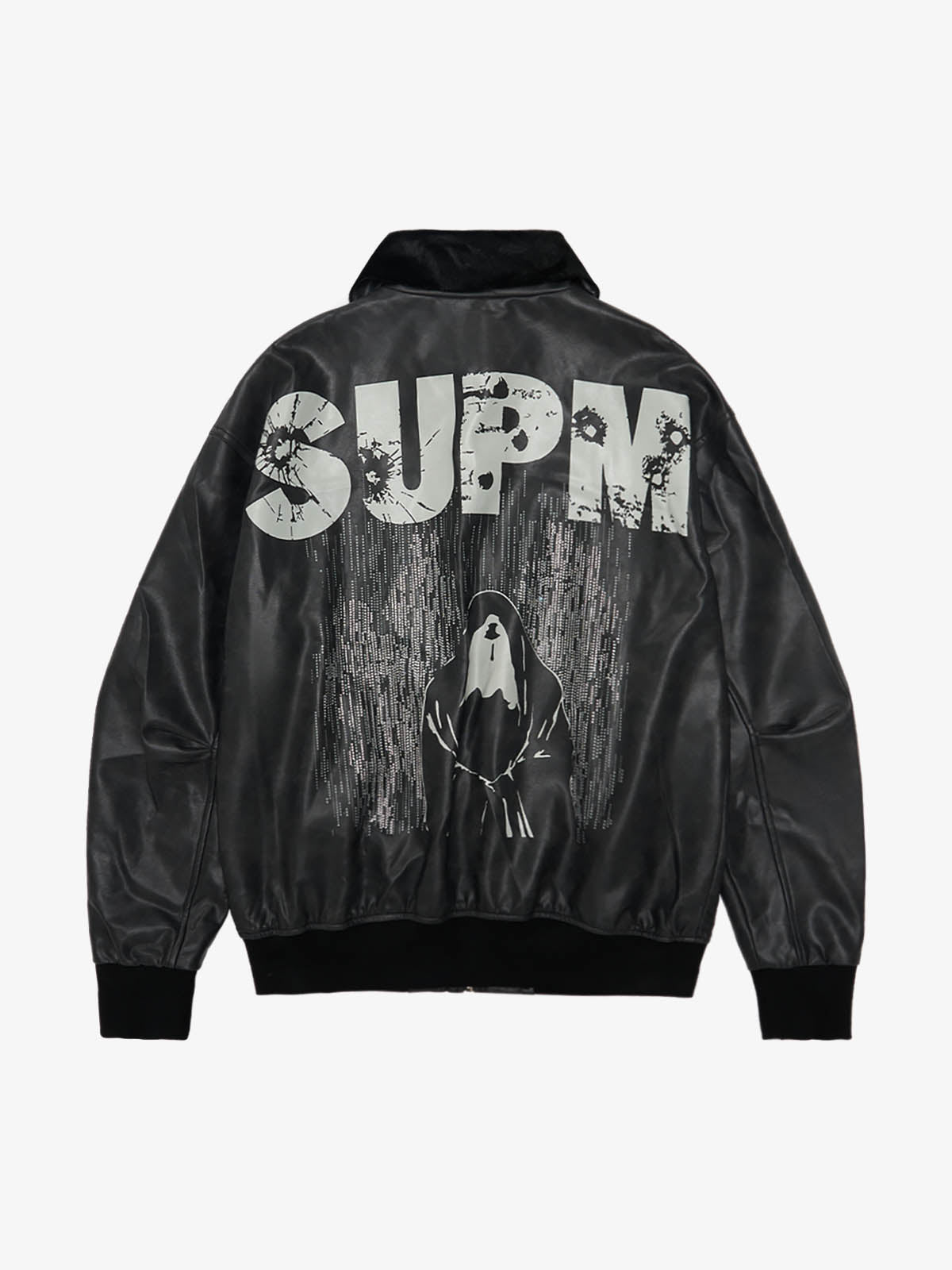 SUPM Fur Collar Rhinestone Pattern Leather Jacket 