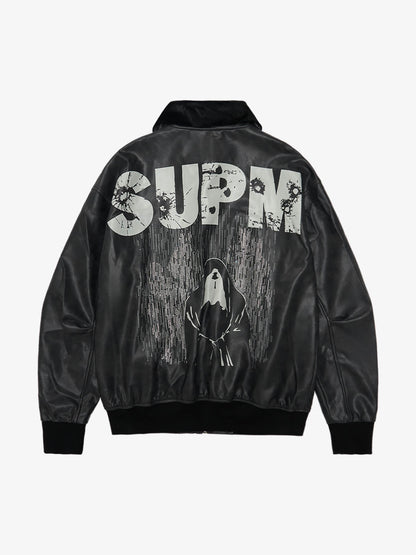 SUPM Fur Collar Rhinestone Pattern Leather Jacket 