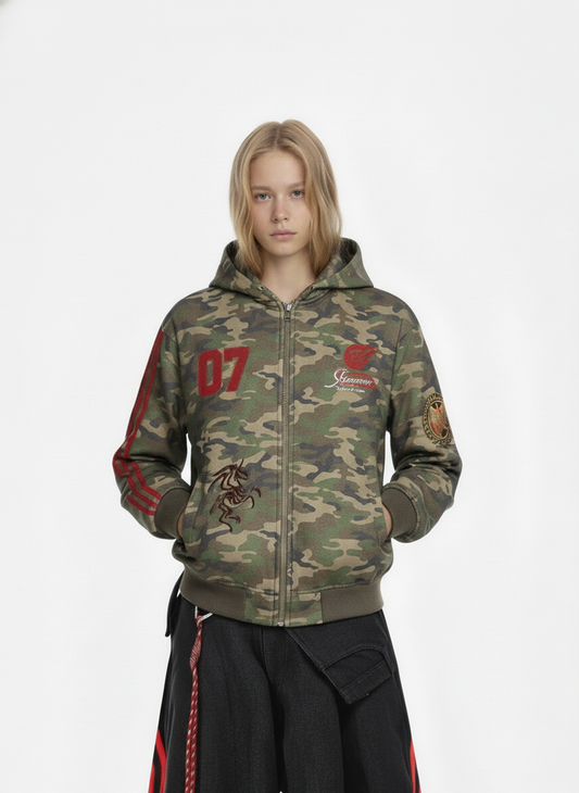 Vintage Heavy Embroidery Camo Zip-Up Hoodie