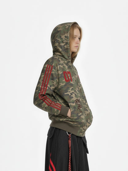 Vintage Heavy Embroidery Camo Zip-Up Hoodie