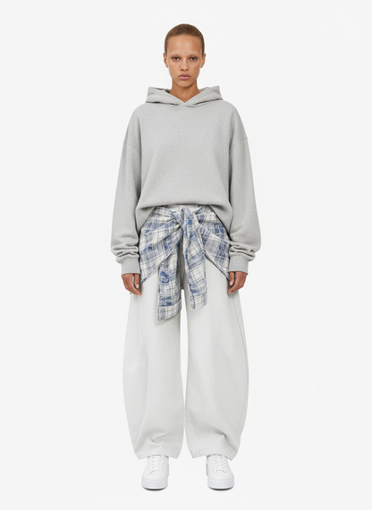 Layered Plaid Shirt-Tied Waist Barrel Jeans