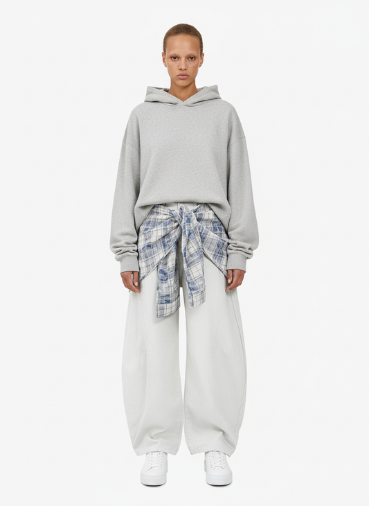 Layered Plaid Shirt-Tied Waist Barrel Jeans