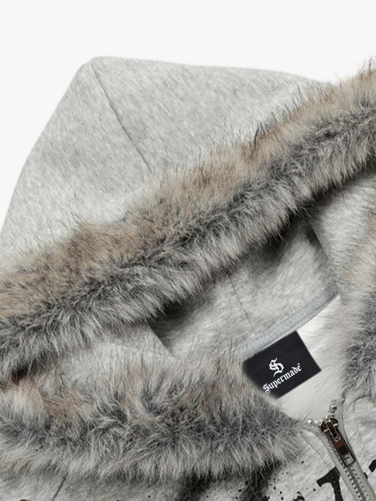 Stylish Graphic Hooded Jacket with Faux Fur Trim - Perfect for Casual and Trendy Looks 