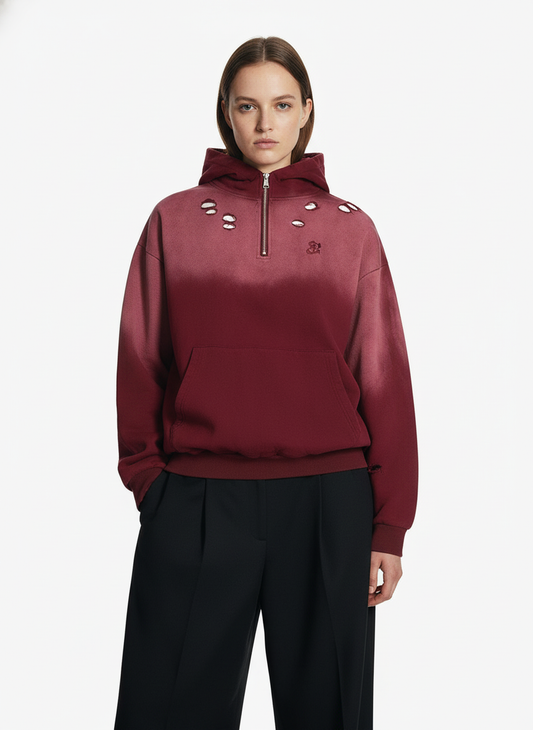 Street Distressed Half-Zip Ripped Hoodie