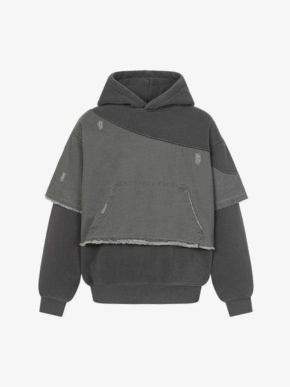 Distressed Patchwork Raw-Edge Layered-Hem Fleece Hoodie 