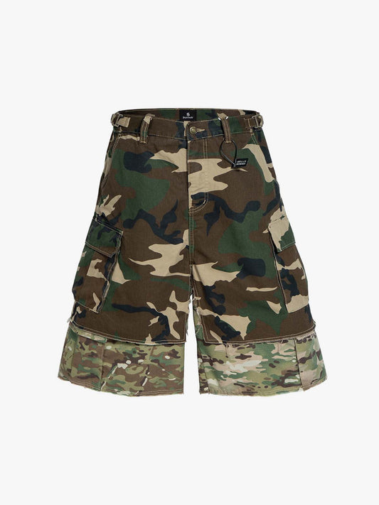 Cotton Camouflage Cargo Shorts for Men High Waist Baggy Streetwear Style with Pockets and Layered Hem Design?