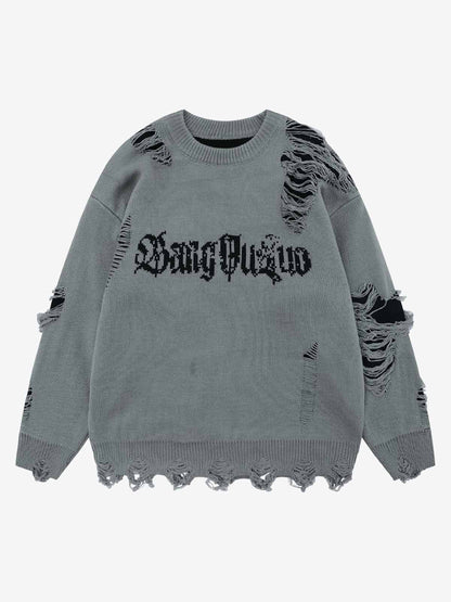 High Street Ripped Raw Edge Knitted Letter Jacquard Sweater 
