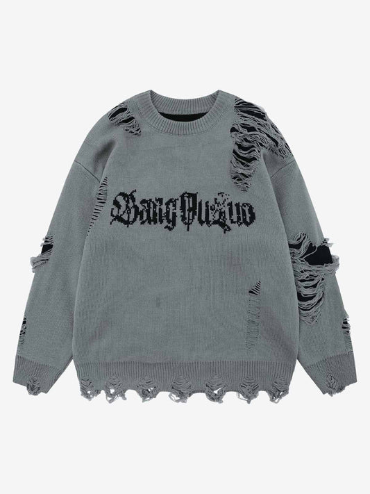 High Street Ripped Raw Edge Knitted Letter Jacquard Sweater 