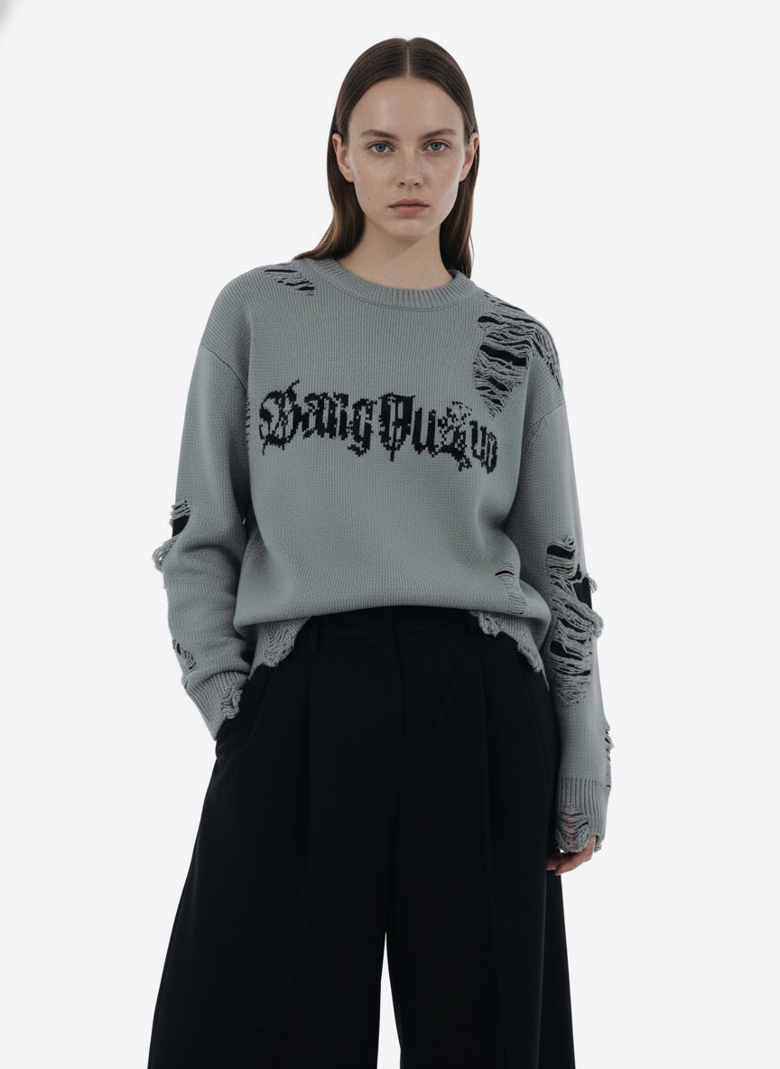 High Street Ripped Raw Edge Knitted Letter Jacquard Sweater